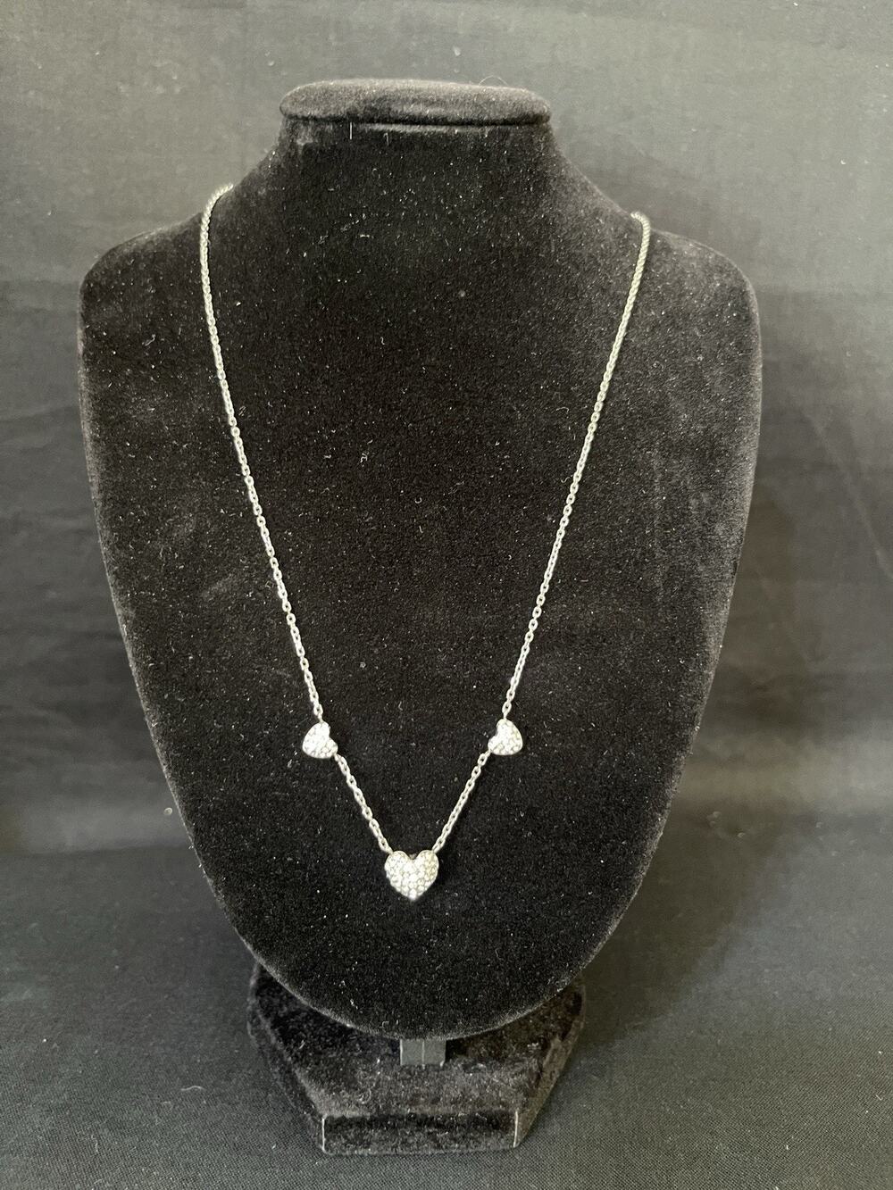 Michael Kors 18" Silver Tone Heart Necklace Rhinestones Signed